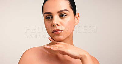 Buy stock photo Beauty, thinking and self care with woman for natural skincare, glow or touch on white background. Healthy skin, clean girl aesthetic or makeup with dermatology inspiration and mockup space in studio