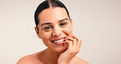 Buy stock photo Portrait, skincare and smile with woman for beauty, glow or dermatology in studio. Face, natural and happy model with facial cosmetics for aesthetic, health or skin texture on white background space