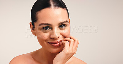 Buy stock photo Glow, skincare or smile with woman for beauty, portrait or dermatology in studio. Face, natural or happy model with facial cosmetics for aesthetic, wellness or skin health on white background space