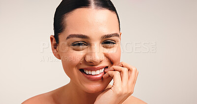 Buy stock photo Portrait, woman and skincare for beauty, studio or happy for healthy skin, pride or white background. Confident, glow and person with smooth face, smile and hydration with cosmetics or dermatology