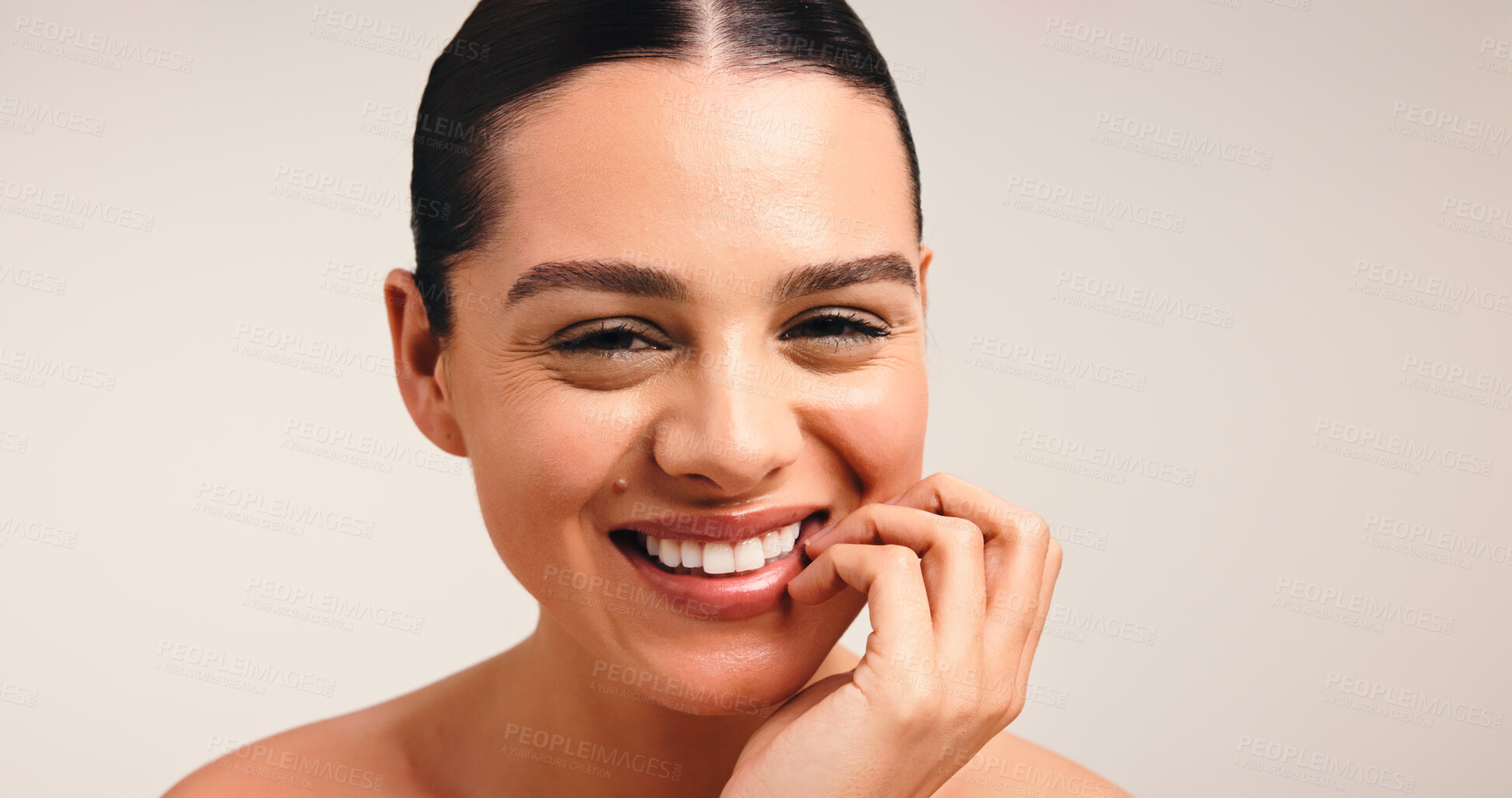 Buy stock photo Portrait, woman and skincare for beauty, studio or happy for healthy skin, pride or white background. Confident, glow and person with smooth face, smile and hydration with cosmetics or dermatology