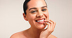 Happy, woman and portrait in studio, dental care and skincare for smooth skin, beauty and hydration. White background, oral hygiene and smile with healthy teeth, cosmetics or shine with dermatology