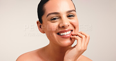 Buy stock photo Woman, self care and portrait in studio, beauty and happy for skincare, healthy skin or dermatology. White background, confident and person with smile for glow, hydration and cosmetics for wellness
