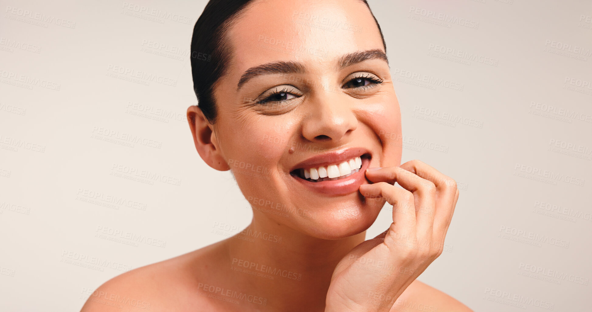 Buy stock photo Woman, self care and portrait in studio, beauty and happy for skincare, healthy skin or dermatology. White background, confident and person with smile for glow, hydration and cosmetics for wellness