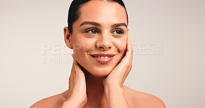 Buy stock photo Thinking, skincare and woman in studio, beauty and dermatology on white background. Mockup space, shine and person with confidence, grooming and natural cosmetics with glow, wellness and aesthetic