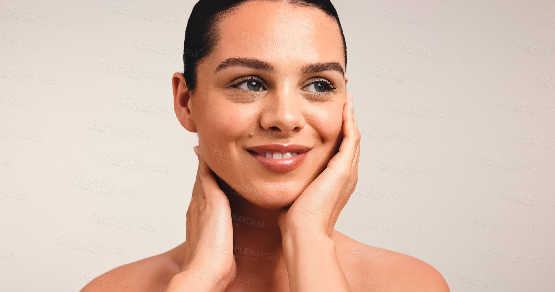 Buy stock photo Thinking, skincare and woman in studio, beauty and dermatology on white background. Mockup space, shine and person with confidence, grooming and natural cosmetics with glow, wellness and aesthetic
