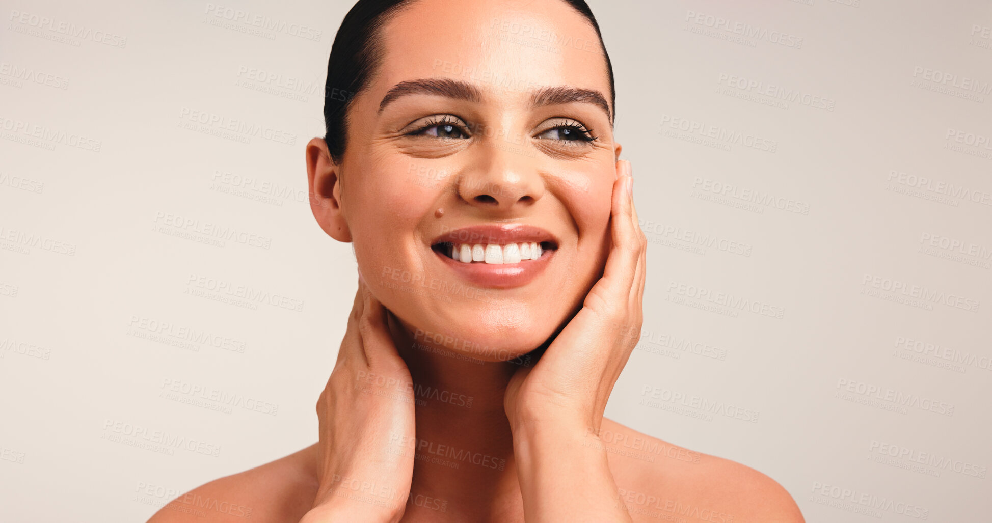 Buy stock photo Skincare, thinking and beauty with woman in studio for reflection, self care or collagen benefits. Happy, mockup space an dermatology with female person on white background for vision and aesthetic