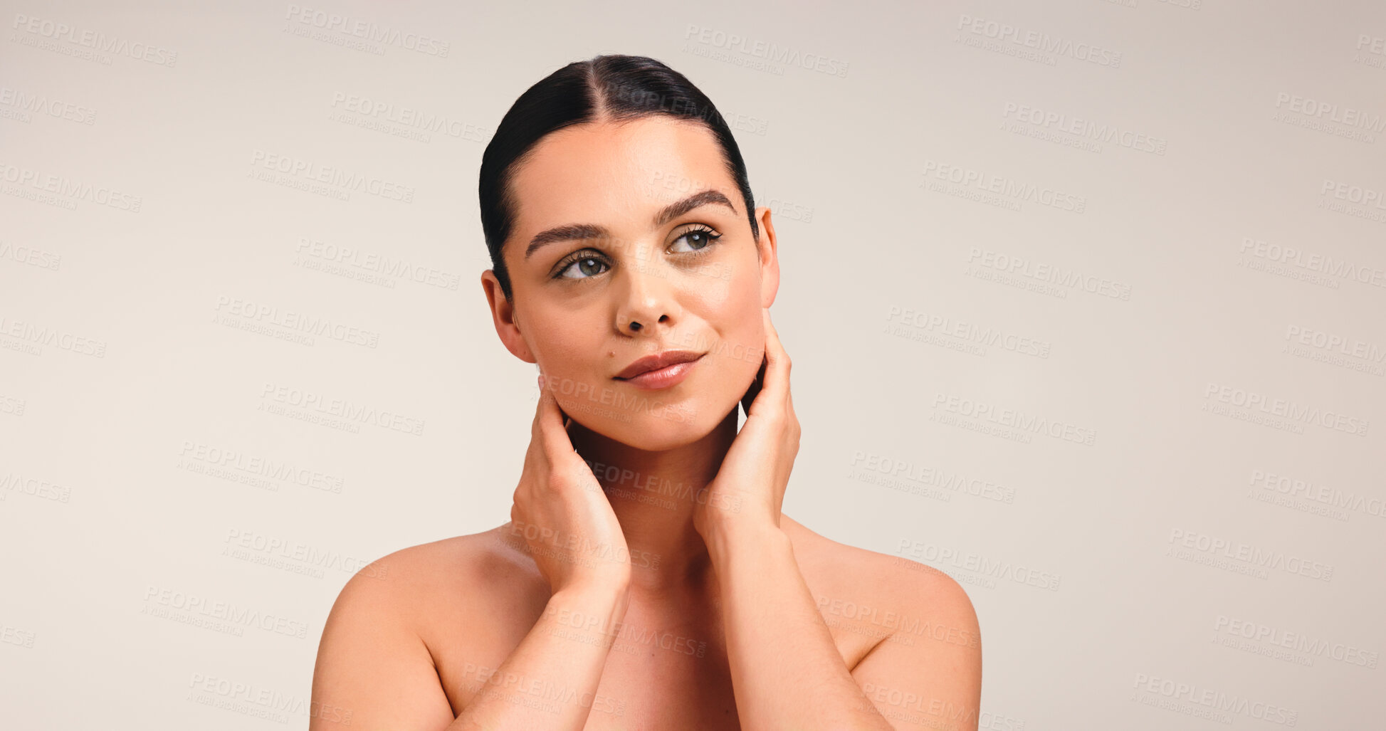 Buy stock photo Thinking, skincare and woman in studio, shine and dermatology on white background. Mockup space, wellness and person with beauty, grooming and natural cosmetics with glow, treatment and aesthetic