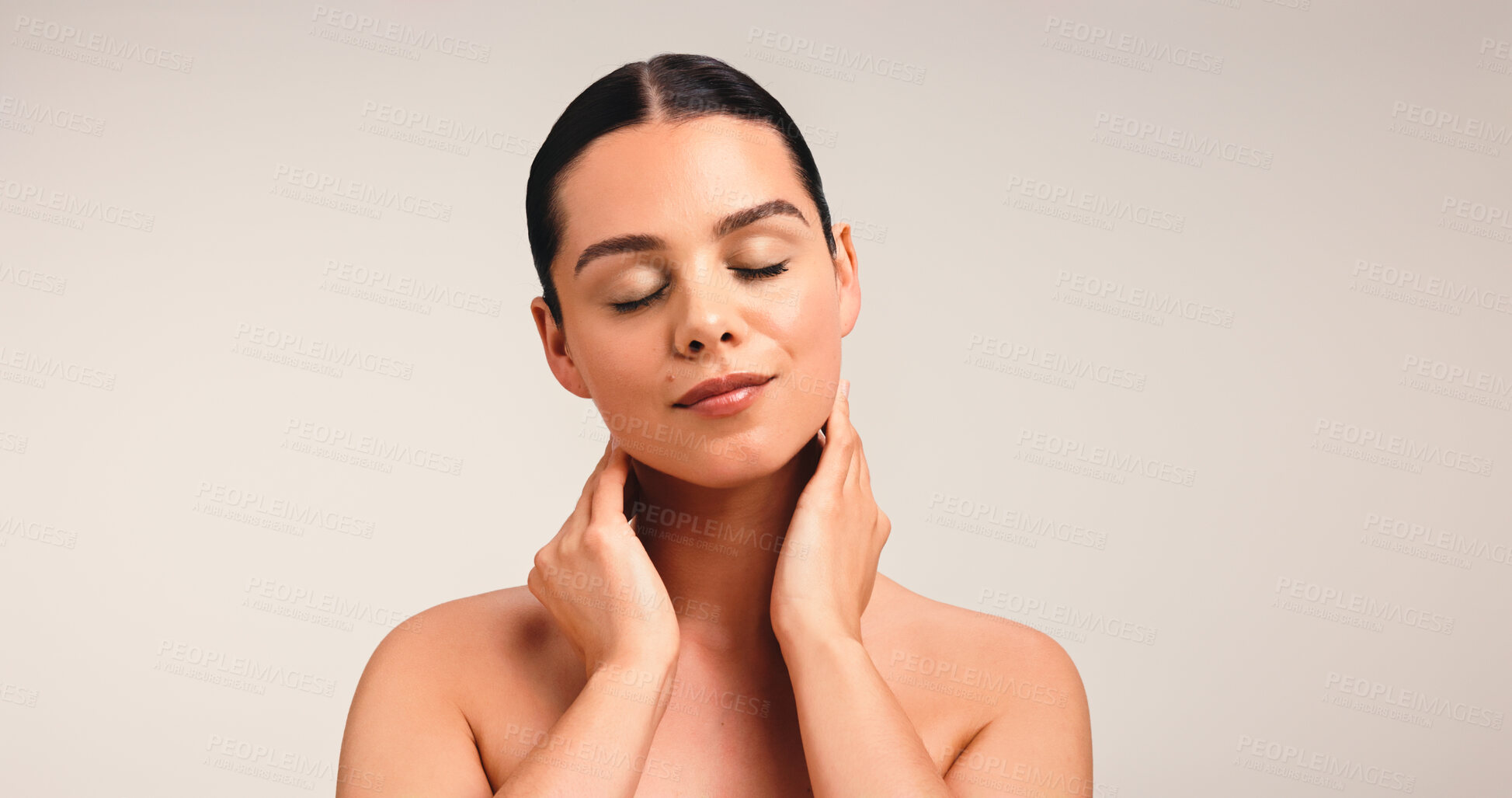 Buy stock photo Skincare, woman and beauty in studio for self care, wellness or glow on white background. Mockup space, eyes closed with clean girl makeup or dermatology for healthy skin, cosmetics or natural look