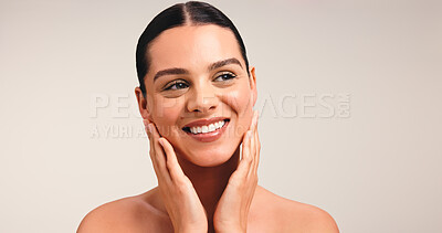 Buy stock photo Thinking, skincare and woman in studio, smile and dermatology on white background. Mockup space, aesthetic or happy person with wellness, grooming and natural cosmetics with glow, treatment or beauty