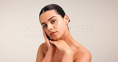 Buy stock photo Beauty, portrait and self care with woman for natural skincare, wellness and glow on white background. Healthy skin, clean girl aesthetic or makeup with dermatology and mockup space in studio