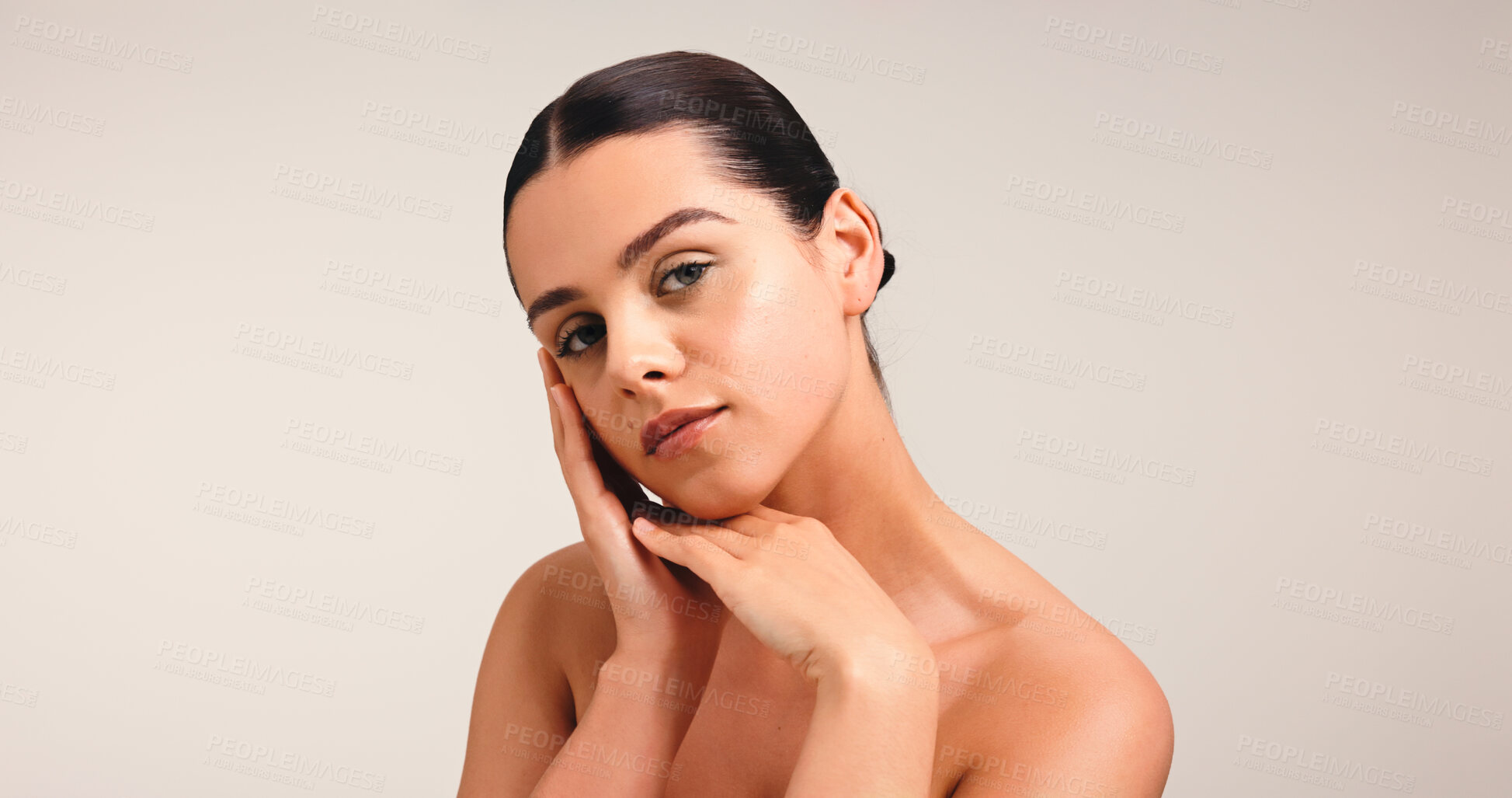 Buy stock photo Beauty, portrait and self care with woman for natural skincare, wellness and glow on white background. Healthy skin, clean girl aesthetic or makeup with dermatology and mockup space in studio