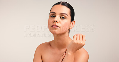 Buy stock photo Beauty, dermatology and portrait of woman on studio space for collagen, hydration or vitamin c. Aesthetic, cosmetics and face of model isolated on white background for natural wellness or skincare