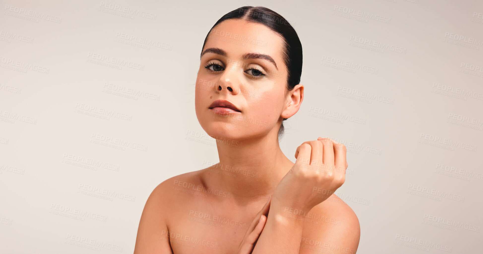 Buy stock photo Beauty, dermatology and portrait of woman on studio space for collagen, hydration or vitamin c. Aesthetic, cosmetics and face of model isolated on white background for natural wellness or skincare