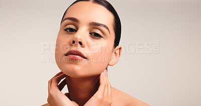 Buy stock photo Beauty, face and self care with woman for skincare, wellness and natural mockup with hands on white background. Healthy skin, clean girl aesthetic or makeup with dermatology and portrait studio space
