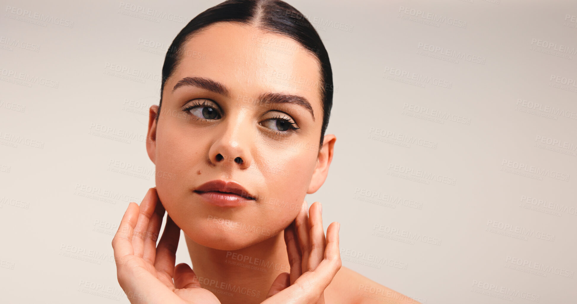 Buy stock photo Beauty, thinking and face with woman for skincare, wellness and natural mockup with hands on white background. Healthy skin, clean girl aesthetic or makeup with dermatology vision and studio space