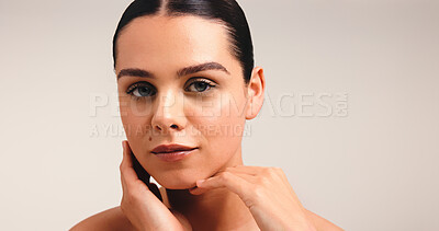 Buy stock photo Skincare, beauty and portrait of woman in studio with natural, cosmetic and facial glow. Health, mockup space and face of female person from Brazil with dermatology for wellness by white background.