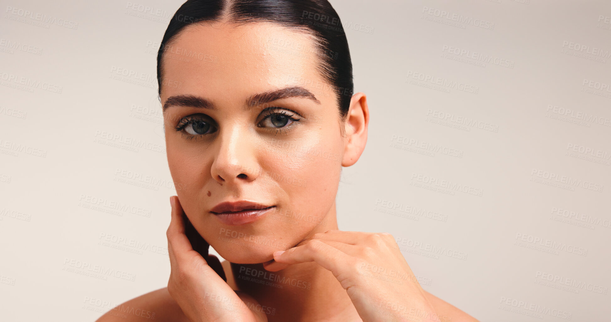 Buy stock photo Skincare, beauty and portrait of woman in studio with natural, cosmetic and facial glow. Health, mockup space and face of female person from Brazil with dermatology for wellness by white background.