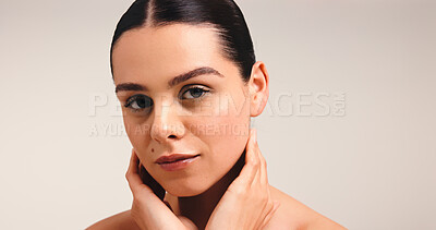 Buy stock photo Skincare, glow and portrait of woman in studio with natural, cosmetic and facial beauty. Health, mockup space and face of female person from Brazil with dermatology for wellness by white background.