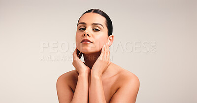 Buy stock photo Skincare, health and portrait of woman in studio with natural, cosmetic and facial glow. Beauty, mockup space and face of female person from Brazil with dermatology for wellness by white background.