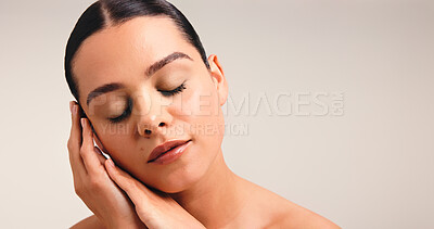 Buy stock photo Face, beauty and woman with hands in studio for skincare, wellness and glow on white background. Mockup space, clean girl makeup or dermatology with eyes closed, cosmetic care or natural look