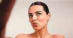 Skincare, selfie and woman with pout, studio and pride for healthy skin, beauty and profile picture. Social media, photography and person with smile for smooth face, self care and white background