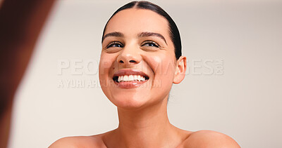 Buy stock photo Selfie, woman and happy for skincare, studio and pride for healthy skin, beauty and profile picture. Social media, photography and person with smile for smooth face, self care and white background