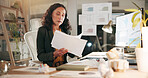 Computer, documents and finance with business woman in office at night for review of information. Data, paperwork and reading with corporate employee in financial workplace for evening administration