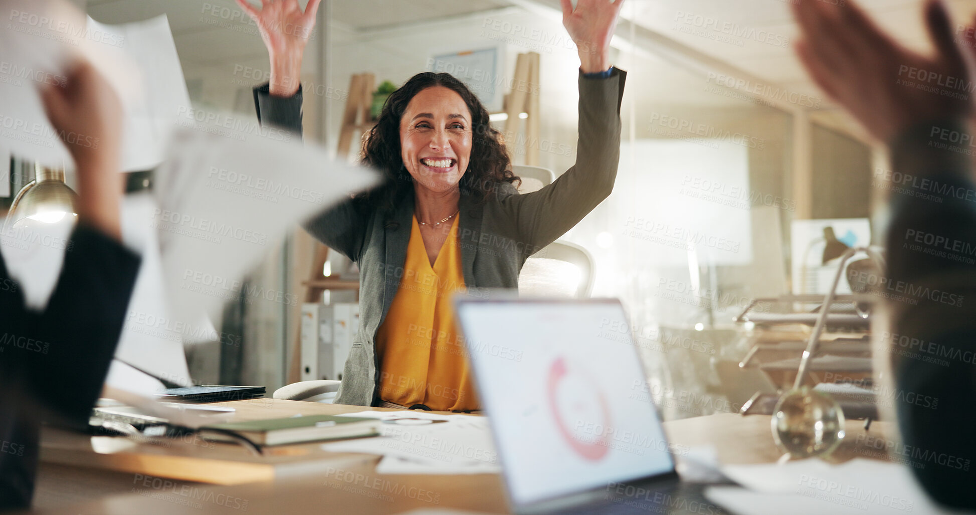 Buy stock photo Business woman, celebration and throw documents with team for win, media campaign success and stats. Happy, cheers and employees with achievement for creative collaboration, laptop and PR data