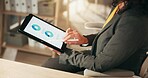 Hands, tablet screen and woman in office, graphs for profit growth and financial report. Person, employee and investor in workplace, fintech or charts for revenue, statistics or stock market research