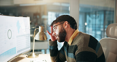 Buy stock photo Night, computer and man with stress in office, thinking and data analyst with headache for deadline. Working late, migraine and person with pressure for financial report, screen or information on web