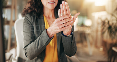 Buy stock photo Hands, wrist pain and carpal tunnel with stress at office, strain and frustrated at media company. Person, injury and massage for joint, arthritis and inflammation with burnout at creative agency