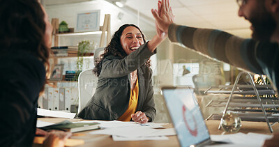 Buy stock photo Business people, celebration and high five for professional win, media campaign success and stats. Happy, hand gesture and employees with achievement for creative collaboration, laptop and PR data