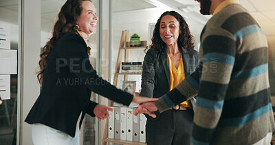 Buy stock photo Business, hands stack and people in office, agreement and celebration with success, profit growth and smile. Support, employees and group in workplace, achievement and team building with cooperation