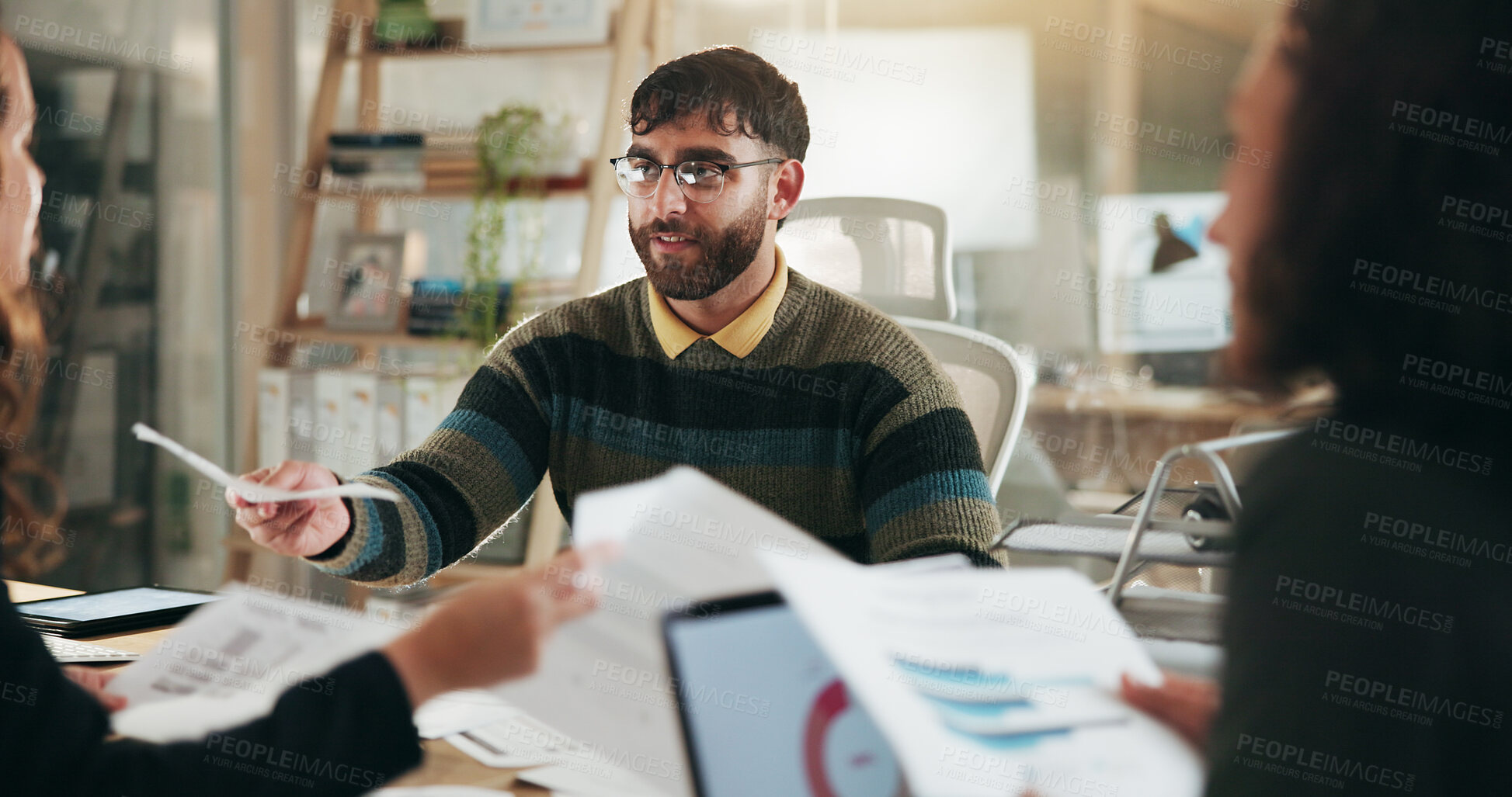 Buy stock photo Documents, planning and business people in office with discussion for finance report with budget. Paperwork, research and team of financial advisors with meeting for investment proposal in workplace.