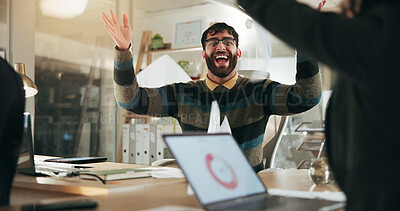 Buy stock photo Businessman, achievement and throw documents with team for win, media campaign success or stats. Happy, cheers and person with coworkers in celebration for creative collaboration, laptop and PR data