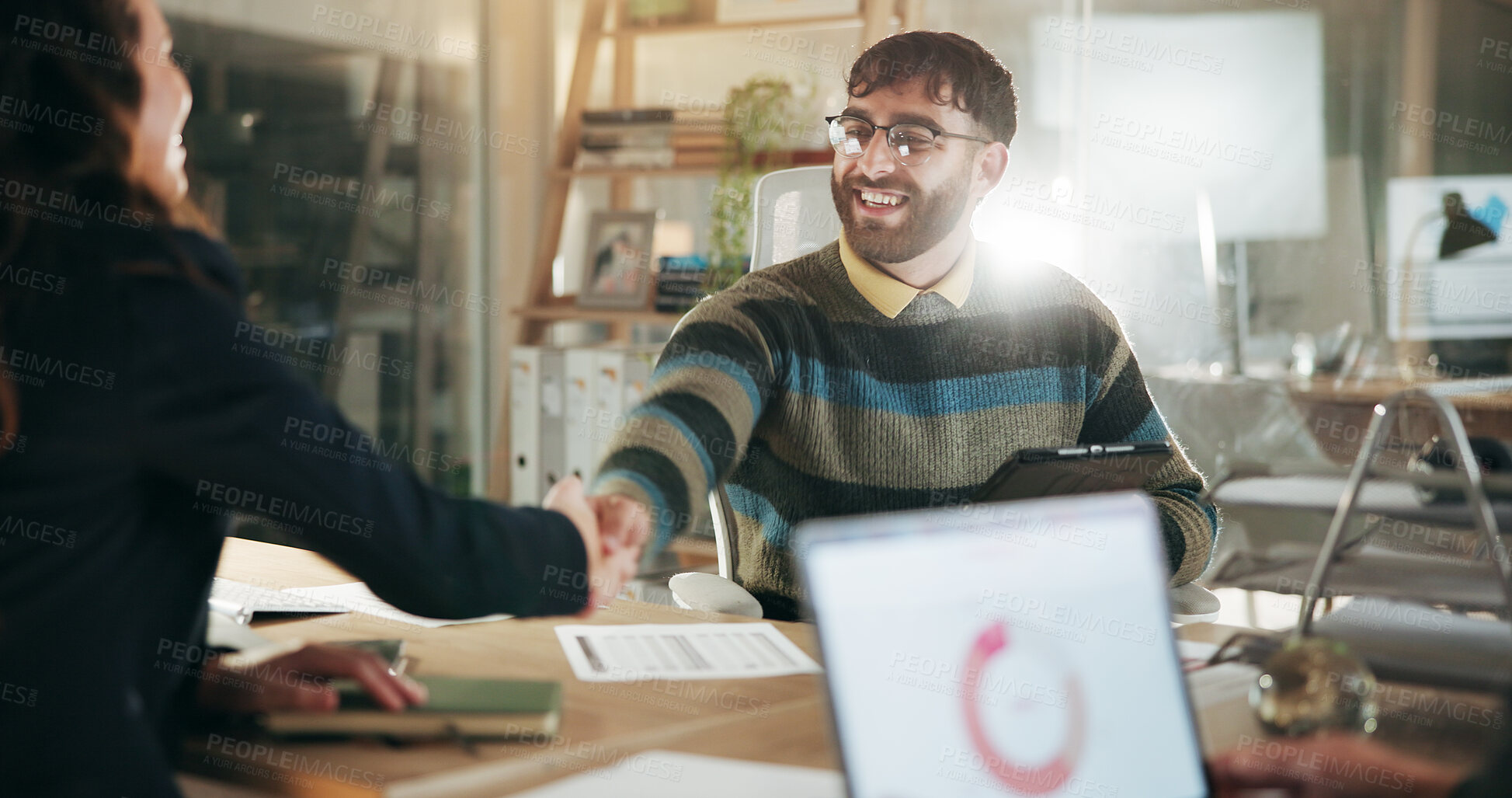 Buy stock photo Handshake, business and people in office with flare, deal or agreement for strategic partnership. Smile, shaking hands and director in workplace with tech, B2B and collaboration in joint venture.
