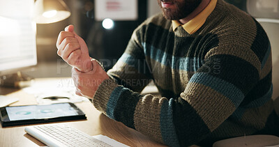 Buy stock photo Hands, wrist pain and carpal tunnel with computer at office, stress and frustrated at media company. Person, injury and massage for joint, arthritis and inflammation with burnout at creative agency