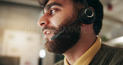 Buy stock photo Call center consultant, man and profile in technical support for help, solution and problem solving. Headset, listening and contact us with agent for IT troubleshooting, customer service and crm