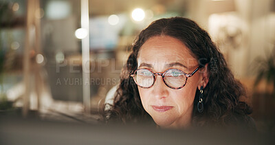 Buy stock photo Night, woman and research on computer in office, deadline and accountant with project and corporate. Employee, working late and person with tech for financial report, bokeh and budget on website