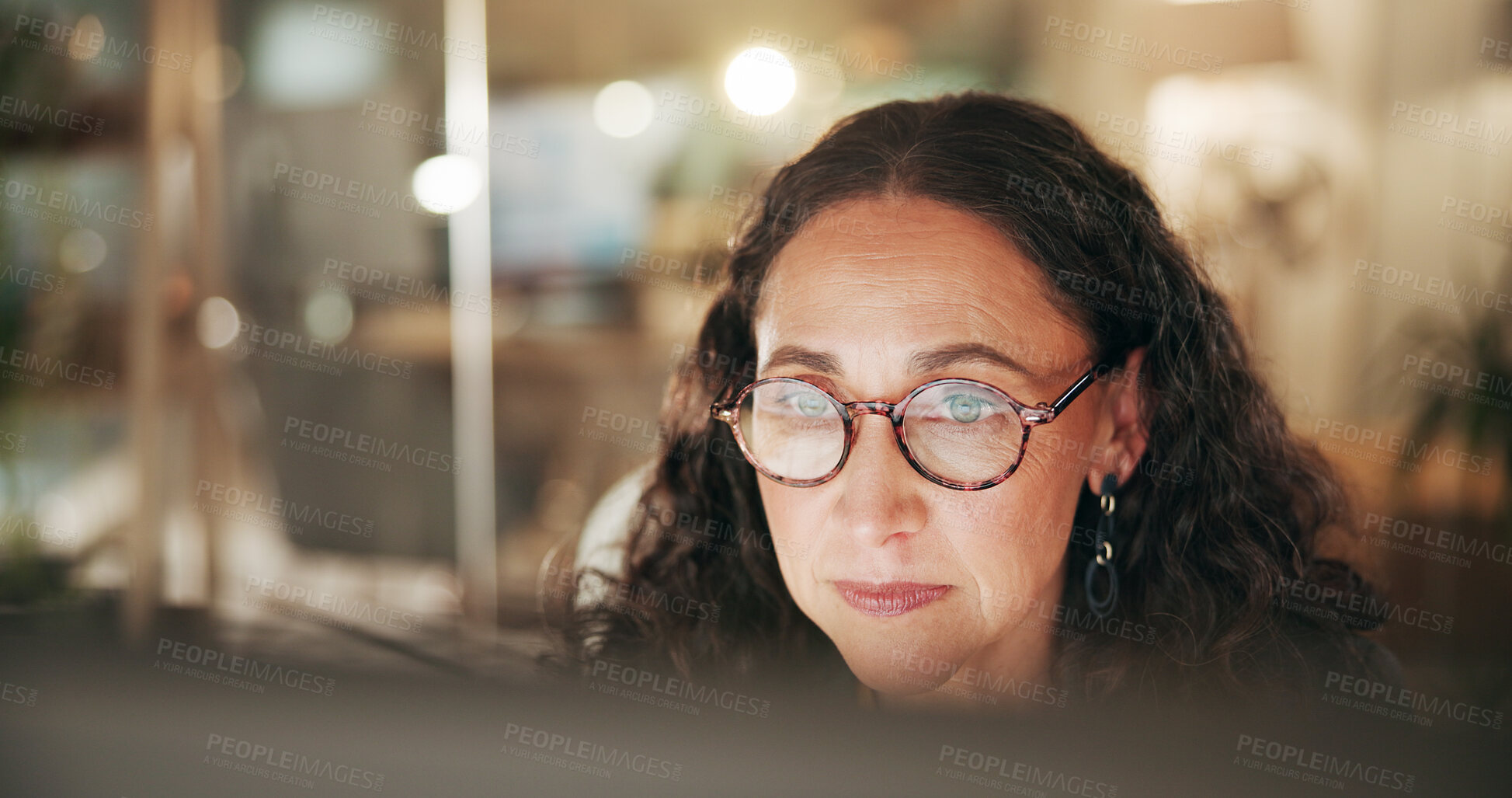 Buy stock photo Night, woman and research on computer in office, deadline and accountant with project and corporate. Employee, working late and person with tech for financial report, bokeh and budget on website