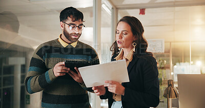 Buy stock photo Night, documents and business people on tablet for planning, budget review and proposal. Corporate, teamwork and workers on digital tech for investment research, finance report and meeting in office