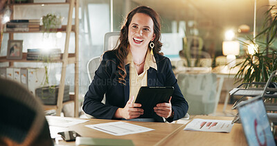 Buy stock photo Business, night and woman with tablet, financial agency and charts for investment profit. Evening, employee and person in office, fintech and graphs for online trading, stock market research and app