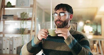 Buy stock photo Coffee, glasses and online with business man in office for planning, caffeine fix and project research. Tea break, digital review and drinking beverage with person and mug in agency for feedback
