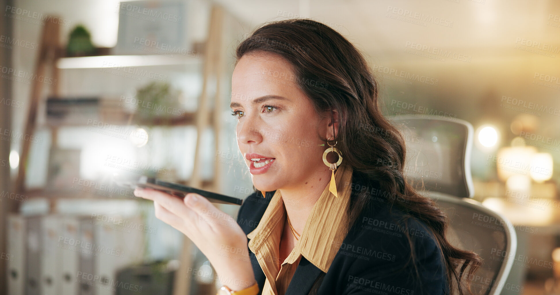 Buy stock photo Office, woman and voice note with smartphone, talk and communication with client for financial help. Networking, online and person with mobile for chat, wealth manager and schedule appointment on web