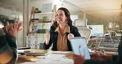 Buy stock photo Business people, celebration or excited in meeting with professional win, media campaign success and stats. Happy, cheers and employees with achievement for creative collaboration, laptop and PR data