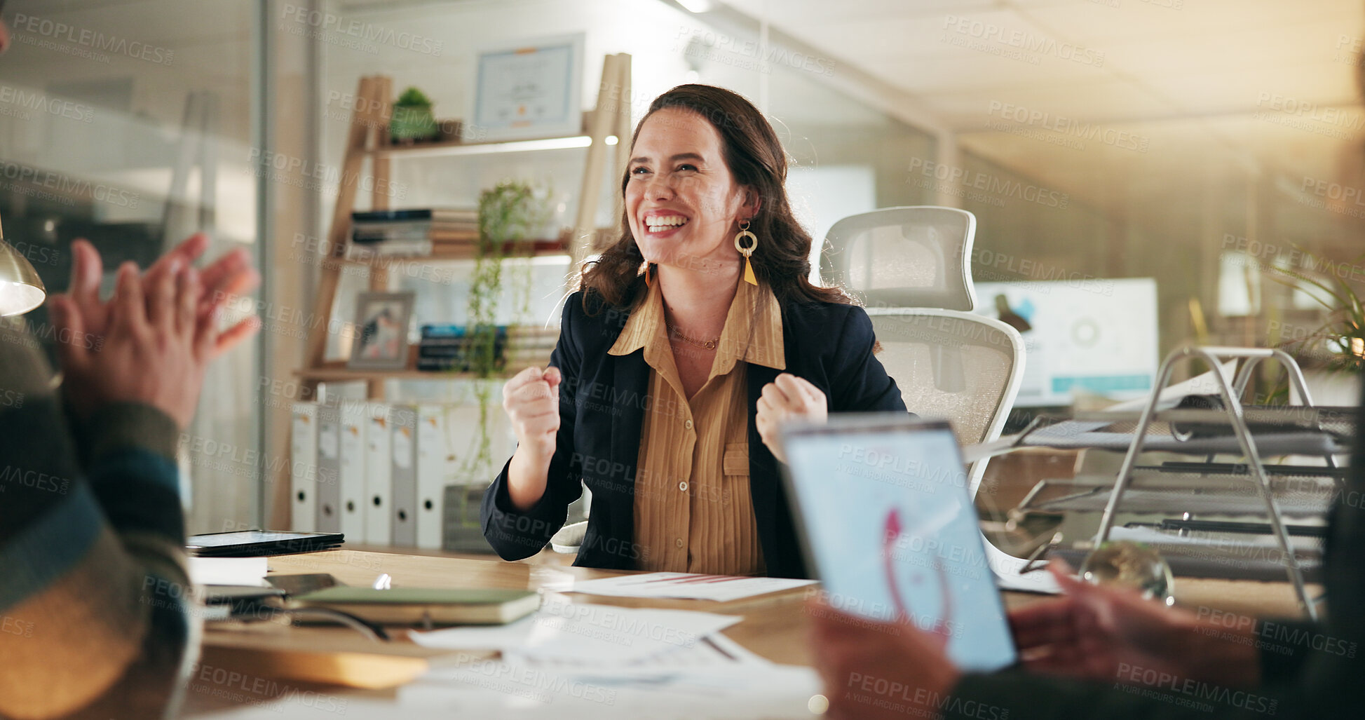 Buy stock photo Business people, celebration or excited in meeting with professional win, media campaign success and stats. Happy, cheers and employees with achievement for creative collaboration, laptop and PR data