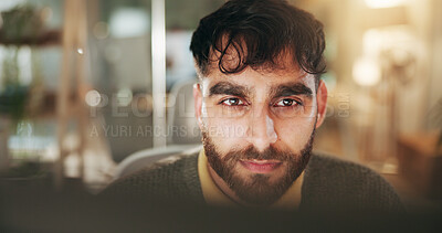 Buy stock photo Online, man and employee with computer in office, search or financial analyst with project at night. Accountant, working late and person with tech for digital report, review and budget on website