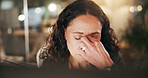 Stress, headache and businesswoman in office at night with burnout or fatigue finance report deadline. Migraine, anxiety and financial manager with frustration for mistake on investment proposal.