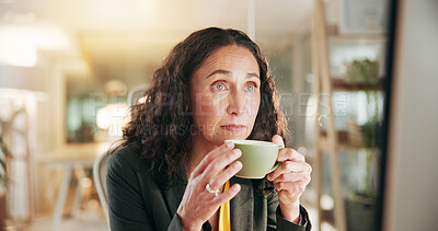 Buy stock photo Coffee, research and computer with business woman in office for planning, caffeine fix and project report. Tea break, online review and drinking beverage with person and mug in agency for feedback